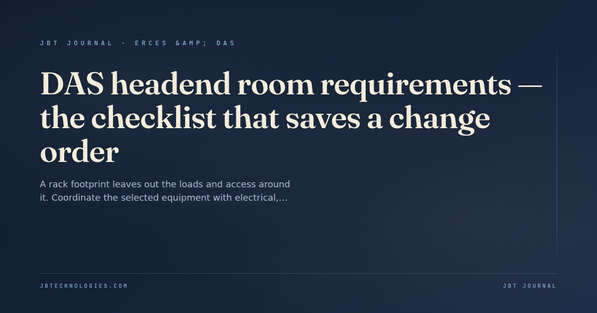 A DAS headend equipment room with racks of optical distribution units, wall-mounted power cabinets, and overhead cable pathways.