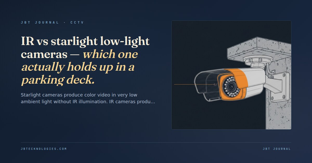 IR vs starlight low-light cameras — which one actually holds up in a parking deck.