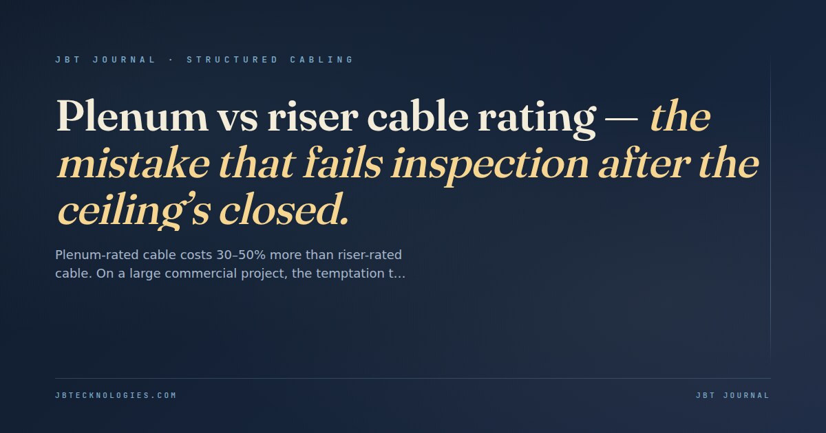 Plenum vs riser cable rating — the mistake that fails inspection after the ceiling’s closed.